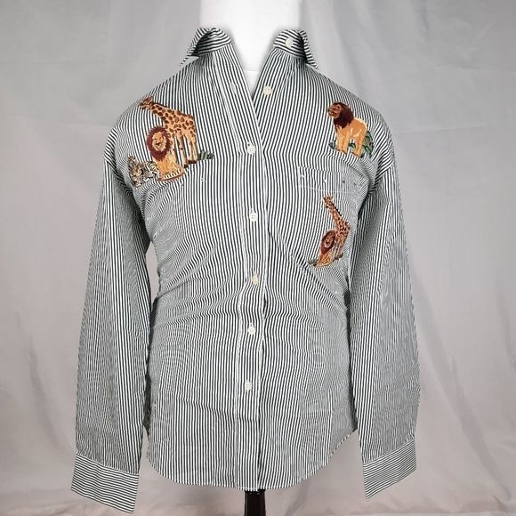 Las Olas shirt green white stripes applique giraffe lion zebra rhinestones zoo - Picture 1 of 14